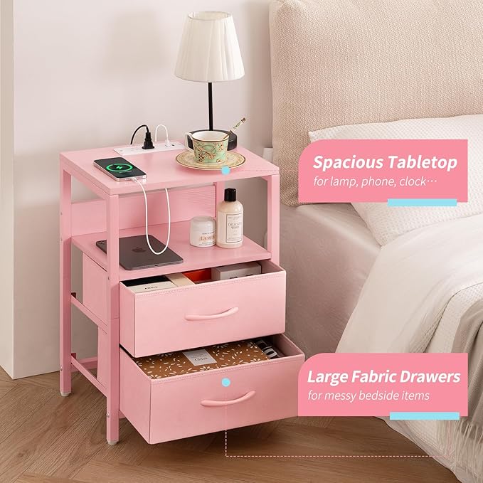 Yoobure Nightstand with Charging Station, Small Night Stand with Fabric Drawers and Storage Shelf for Bedrooms, Nightstands for Small Spaces, Bedside Table with USB Ports & Outlets Bed Side Table