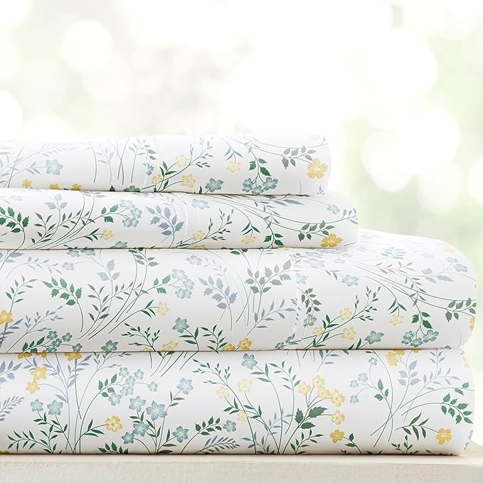 Linen Market 4 Piece Queen Sheet Set - Breathable, Double-Brushed Patterned Cooling Sheets – Oeko-TEX Certified Ultra Soft & Wrinkle-Free 16" Deep-Pocket Queen Sheets - Easy Care Wildflower Blue