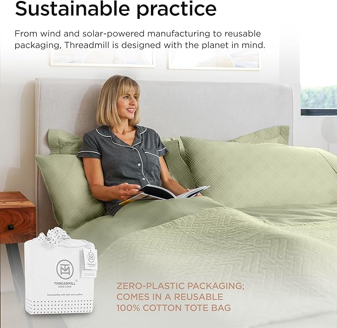 Threadmill Queen Sheet Set for Queen Mattresses | 800 Thread Count Jacquard Celine Sage Green | Better Than Egyptian Cotton | 4 Pc Bed Sheets | Elasticized Deep Pocket | 100% Cotton Sheets