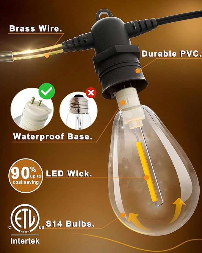50FT LED Outdoor String Lights with 15 Edison Shatterproof IP65 Waterproof Bulbs, 2700K Dimmable Commercial Grade Patio Lights, Heavy Duty Outside Hanging Lights for Garden Porch Deck Decor