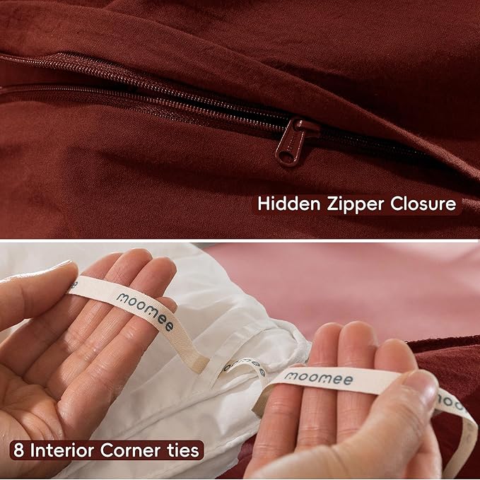 MooMee Bedding Duvet Cover Set 100% Washed Cotton Linen Like Textured Breathable Durable Soft Comfy (Solid Fired Brick Red, Cal King 104"x98")