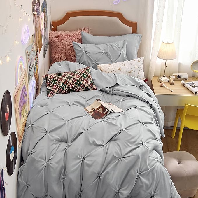 Bedsure Twin Comforter Set Grey - Bed in a Bag Twin Size Bedding 5 Pieces, GentleSoft™ Pintuck Bed Set Gift for Family, Pinch Pleat Grey Comforter with Sheets, Pillowcase & Sham