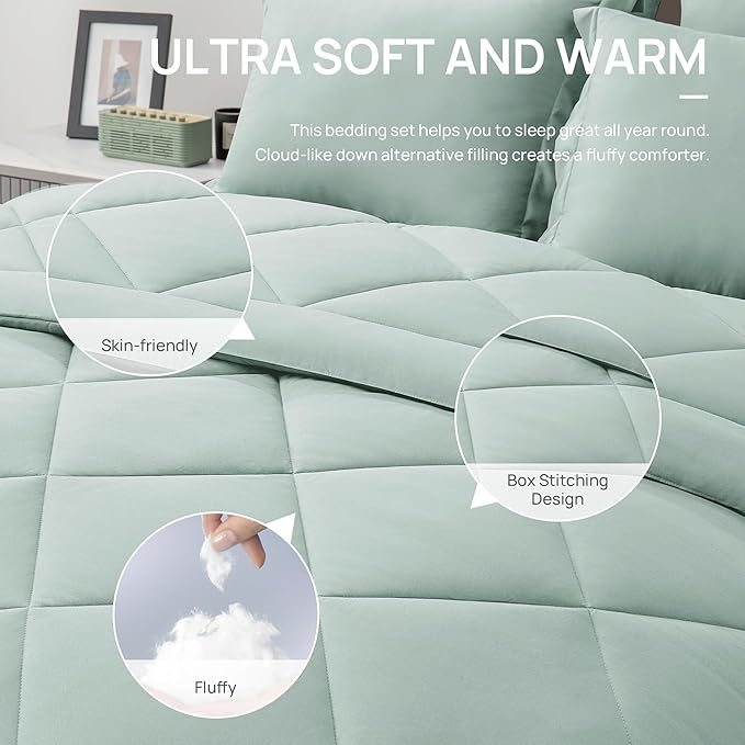Love's cabin King Size Comforter Set Aqua, 7 Pieces King Bed in a Bag, All Season Bedding Sets with 1 Comforter, 1 Flat Sheet, 1 Fitted Sheet, 2 Pillowcase and 2 Pillow Sham
