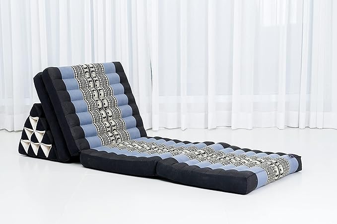 Leewadee Comfortable Japanese Floor Mattress - Thai Floor Bed with Triangle Cushion - Futon Mattress - XL Extra Long Thai Massage Mat, 89 x 20 inches, Blue, Kapok Filling