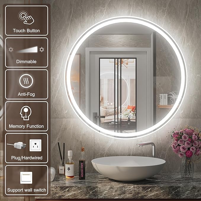 36 Inch Round LED Mirror for Bathroom, Front & Backlit Round Lighted Vanity Mirror for Wall, Adjustable Brightness, 6000K, Anti Fog, Touch, Memory