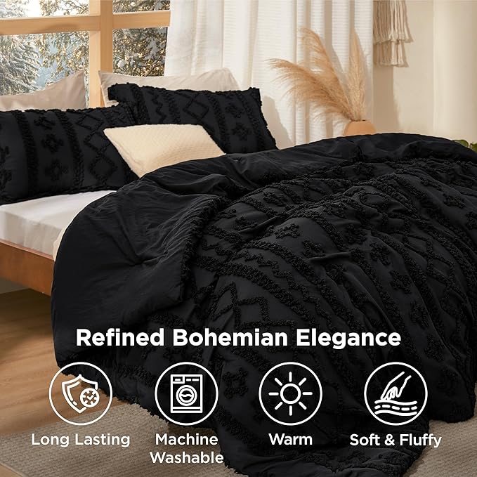 Bedsure Tufted Boho Comforter Set Full Size - Black Boho Bed Set, GentleSoft™ 3 Pieces Farmhouse Shabby Chic Embroidery Bedding, Gifts for Woman, Soft Jacquard Full Comforter for All Seasons