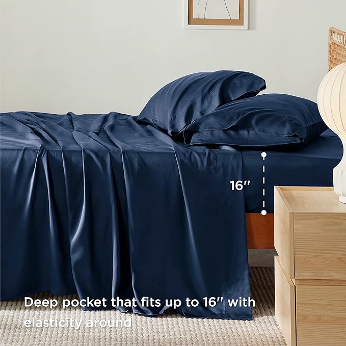 Bedsure Cooling Sheets Twin XL, Rayon Derived from Bamboo, Breathable & Soft Twin XL Sheet Sets, Deep Pocket Up to 16 Inches, Hotel Luxury Silky Dorm Bedding for Hot Sleepers, Navy
