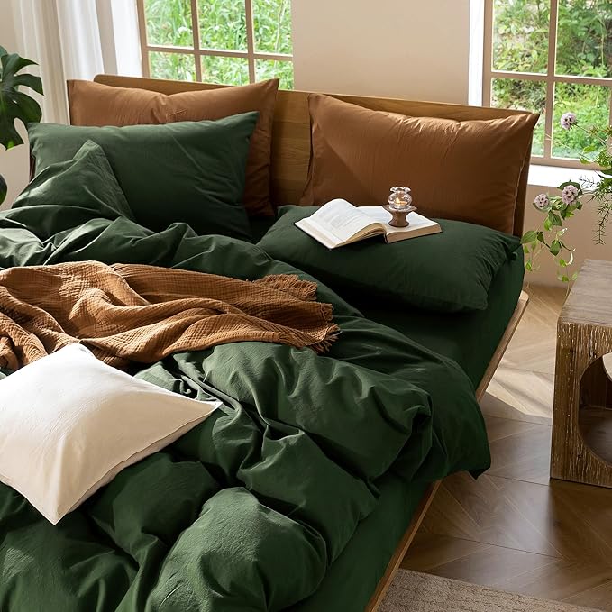 MooMee Bedding Duvet Cover Set 100% Washed Cotton Linen Like Textured Breathable Durable Soft Comfy (Solid Forest Green, Twin 68"x90")