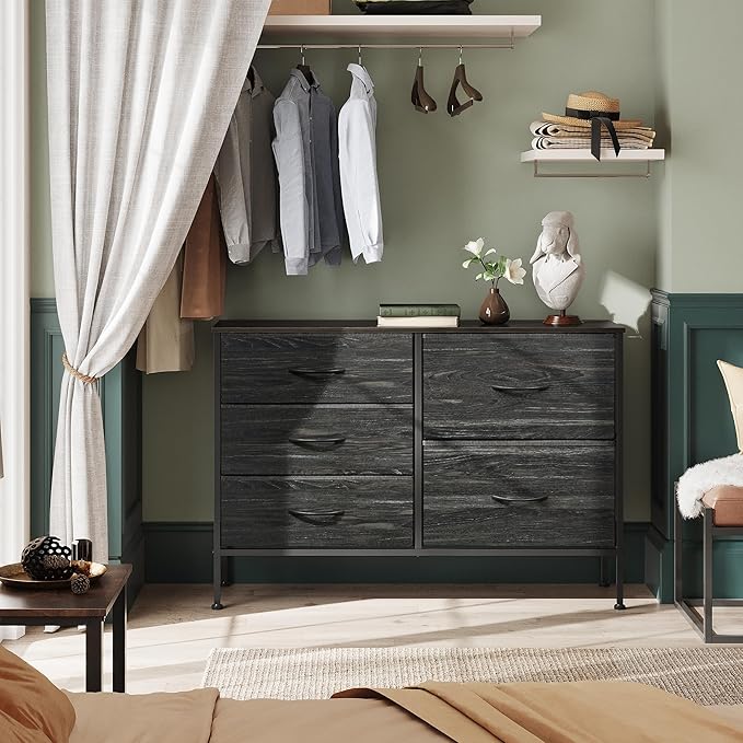 WLIVE Dresser for Bedroom with 5 Drawers, Wide Dressers with Drawer Organizers, Chest of Drawers, Fabric Dresser for Living Room, Closet, Hallway, Charcoal Black Wood Grain Print