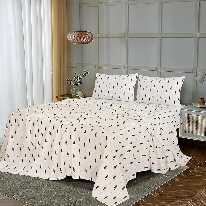 RUVANTI Flannel Sheets Full Size - 100% Cotton Double Brushed Bed Sheets Set, Deep Pockets 16 Inches, All Seasons Breathable & Extra Soft Full Sheets, Warm & Cozy, 4 Piece, Black Cat