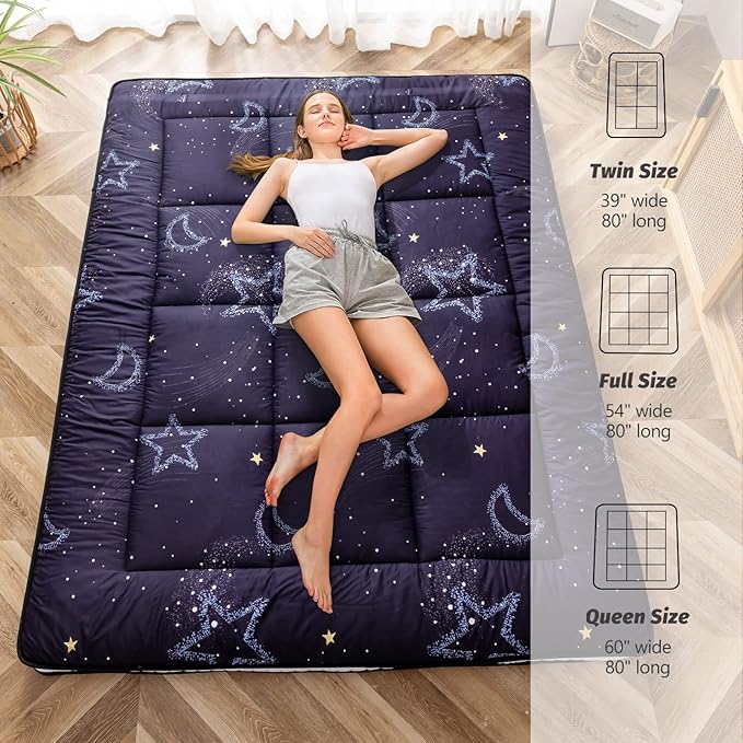 MAXYOYO Black Moon and Star Futon Mattress, Japanese Floor Mattress Quilted Bed Mattress Topper, Extra Thick Folding Sleeping Pad Breathable Floor Lounger Guest Bed for Camping Couch, Twin