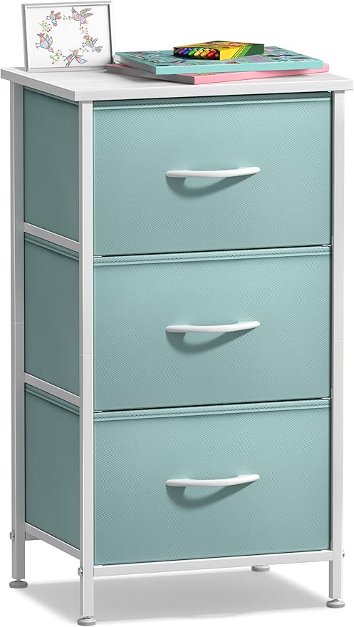 Sorbus Nightstand with 3 Drawers - Bedside Furniture & Accent End Table Chest for Home, Bedroom Accessories, Office, College Dorm, Steel Frame, Wood Top, Pastel Fabric Bins (Aqua)