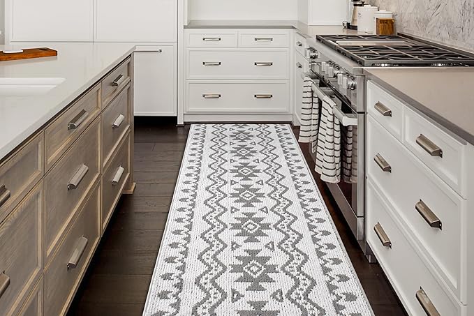 Custom Size Southwestern Style Runner Rug Mat for Wide Hallway Entryway Kitchen Laundry Room with Slip Resistant Latex Rubber Backing, Aztec Light Grey, 31 inch X 12 feet
