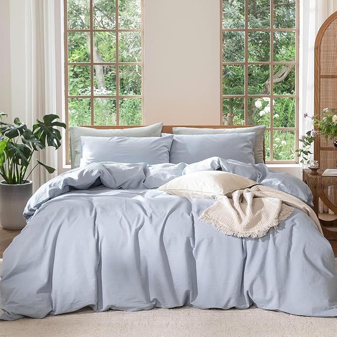 MooMee Bedding Duvet Cover Set 100% Washed Cotton Linen Like Textured Breathable Durable Soft Comfy (Heathered Cornflower Blue, Oversized King Plus 128"x120")