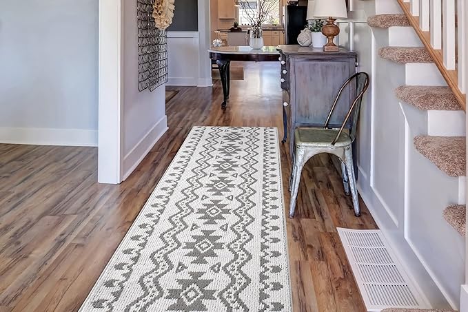Custom Size Southwestern Style Runner Rug Mat for Wide Hallway Entryway Kitchen Laundry Room with Slip Resistant Latex Rubber Backing, Aztec Light Grey, 31 inch X 12 feet