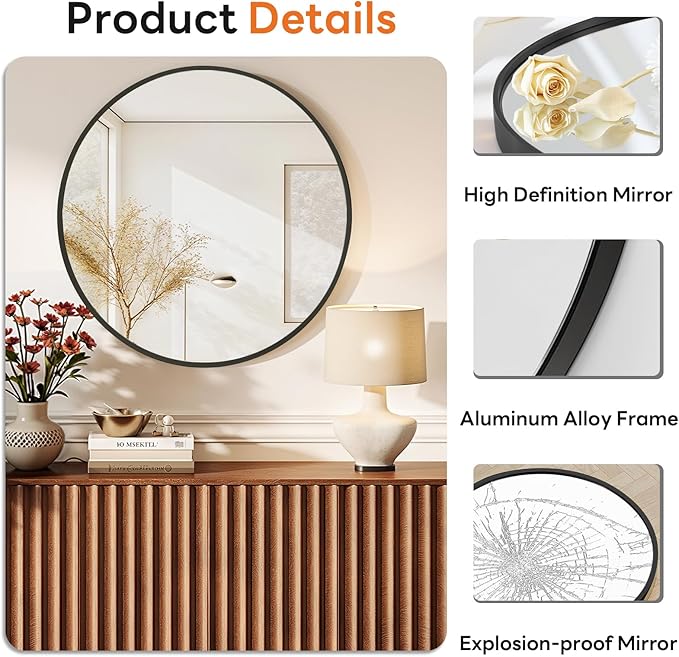 Sweetcrispy Round Bathroom Mirror 20 Inch Black Metal Framed Wall Mounted Circle Vanity Mirror for Bathroom, Bedroom, Living Room, Entryway, Anti-Rust, Modern Decorative, Hanging or Leaning