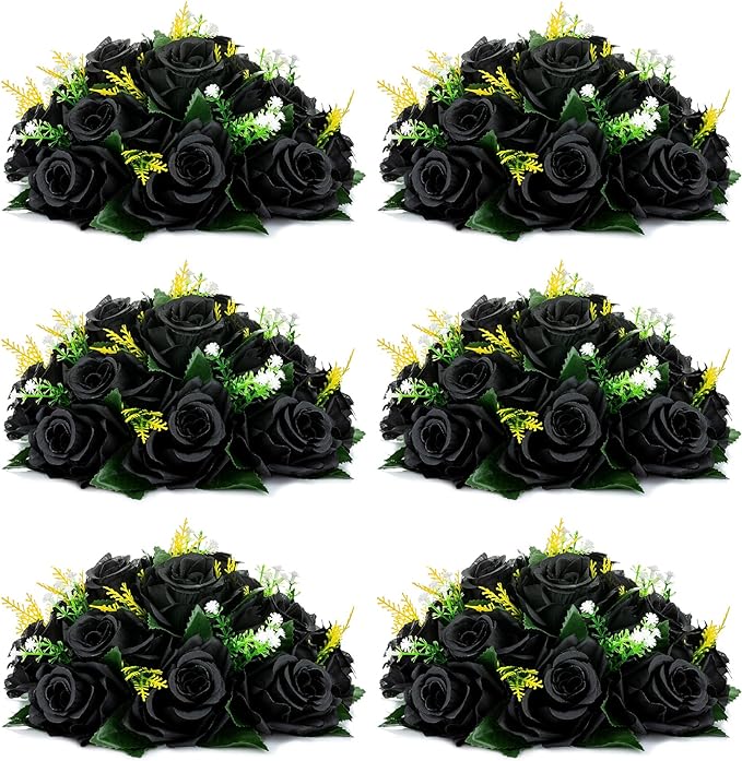 NUPTIO Black Artificial Roses Flowers: 6 Pcs Fake Flower Bouquet Halloween Decorations - 15 Heads Artificial Rose Centerpieces with Base for Gothic Wedding Party Table Decor