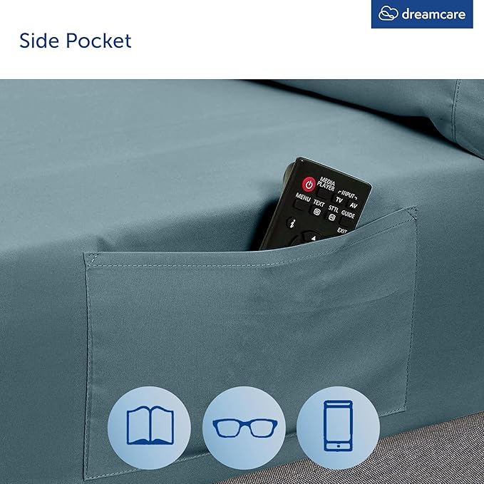 DREAMCARE King Size Sheets Set - Cooling Bed Sheets - 4pcs Set - up to 15" Deep Pocket King Sheet Set – Soft & Long Lasting Cooling - 100% Fine Brushed Microfiber with Side Pocket - Mineral Blue