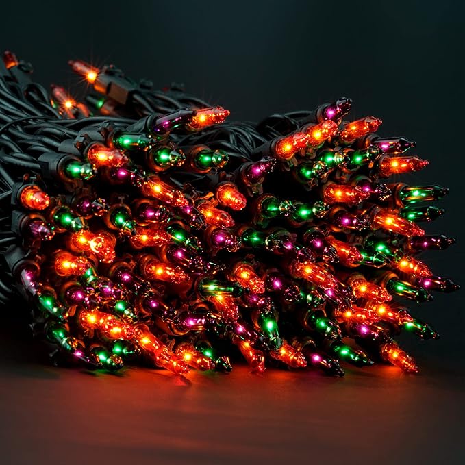 YULETIME 200 Orange Green & Purple Halloween Lights with Black Wire, Pack of 2 Sets 33 ft 100 Count UL Certified Christmas String Lights (Orange, Green & Purple)