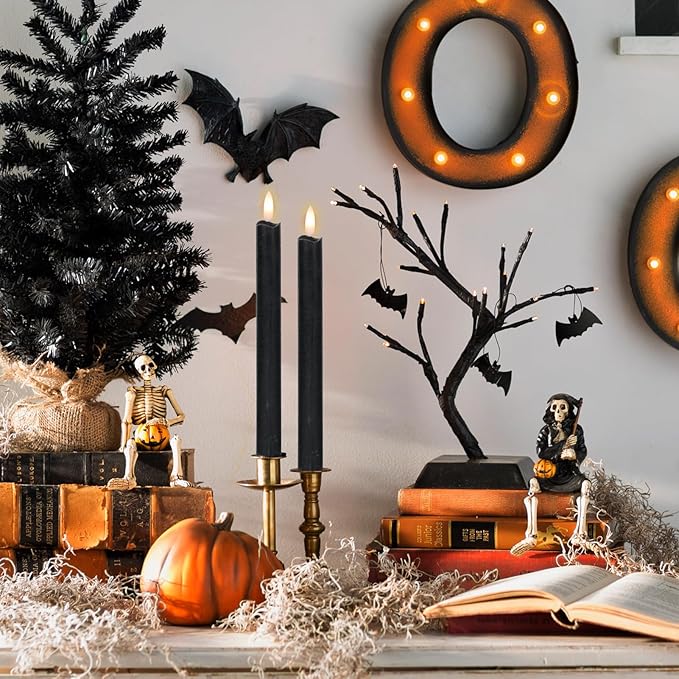 GenSwin Flameless Black Taper Candles Flickering with 10-Key Remote, Battery Operated Led Warm 3D Wick Light Window Candles Real Wax Pack of 6, Christmas Home Wedding Decor(0.78 X 9.64 Inch)