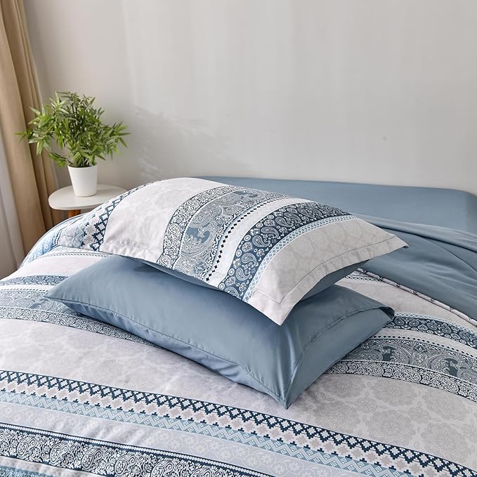 Cottolester Boho Comforter Set Full Size Light Blue Comforter Set 8 Piece Bed in a Bag Striped Paisley Bedding Sets