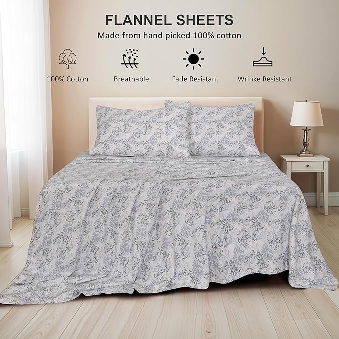 RUVANTI Flannel Sheets Queen Size - 100% Cotton Double Brushed Bed Sheets, Deep Pockets 16 Inches Queen Sheet Set, All Seasons Breathable & Extra Soft - Warm & Cozy, 4 Piece, Pacific