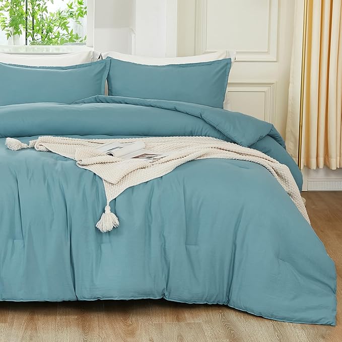 Litanika Oversized King Comforters Grayish Teal Super King Size, 3 Pieces Lightweight Solid Bedding Comforter Set, All Season Fluffy Bed Set (120x120In Comforter & 2 Pillowcases)