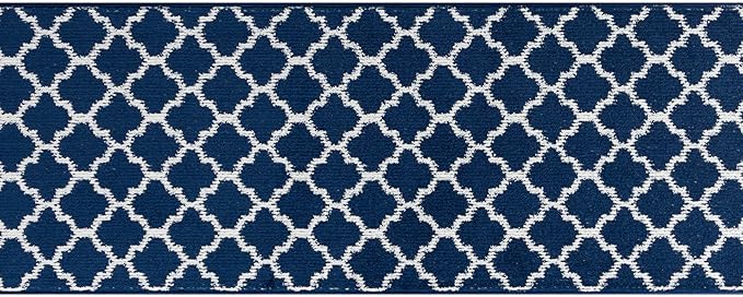 Custom Size Cut to Length Moroccan Trellis Design Runner Rug Mat For Wide Long Hallways with Non-Slip Rubber Backing, Better Traction for Pets, Prevent Slippage, Trellis Navy Blue, 31 inch X 10 feet