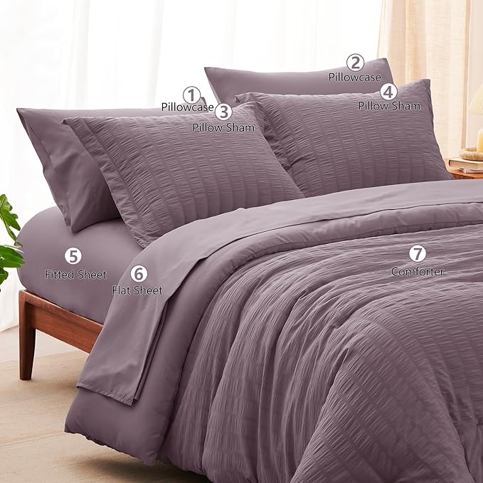 CozyLux Queen Comforter Set Dusty Purple Seersucker 7 Pieces Bed in a Bag Queen Comforter Set with Sheets, Luxury Bedding Sets with Down Alternative Comforter, Sheets, Pillowcases & Shams All Seasons