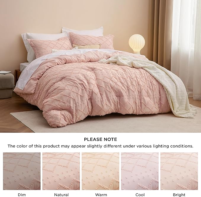 Bedsure Full Comforter Set - Coral Pink Comforter, Boho Tufted Shabby Chic Bedding for Kids, 3 Pieces Vintage Farmhouse Bed Set for All Seasons, Fluffy Soft Bedding with 2 Pillow Shams