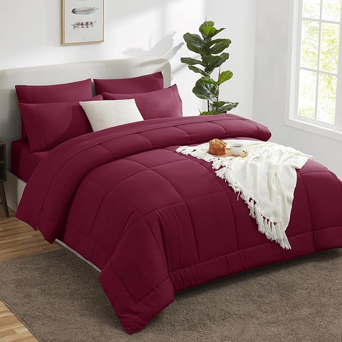 CozyLux Full Size Comforter Sets Burgundy, 7 Pieces Bed in a Bag, Red Comforter Full Size, All Season Bedding Sets with Stitch Quilted Comforter, Flat Sheet, Fitted Sheet, Pillowcases