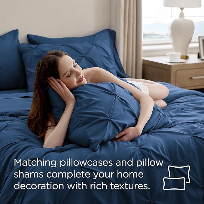Bedsure King Size Comforter Set - Bedding Sets King 7 Pieces, Pintuck Bed in a Bag Navy Blue Bed Set with Comforter, Sheets, Pillowcases & Shams