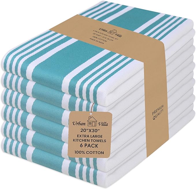 Urban Villa Kitchen Towels 100% Cotton Pack of 6, Highly Absorbent Quick Drying Super Soft Premium Dish Towels for Kitchen with Hanging Loop Hand & Tea Towels - 20x30 Inch, (Teal & White, Striped)