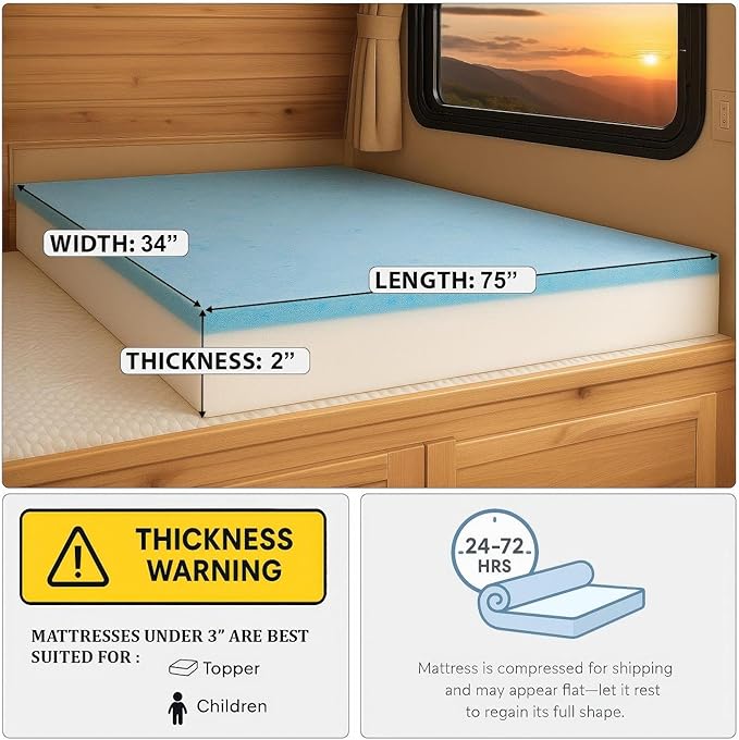 Foamma 2” x 34” x 75” Camper/RV Travel Gel Memory Foam Bunk Mattress Topper, Made in USA, Comfortable, Travel Trailer, CertiPUR-US Certified, Cover Not Included