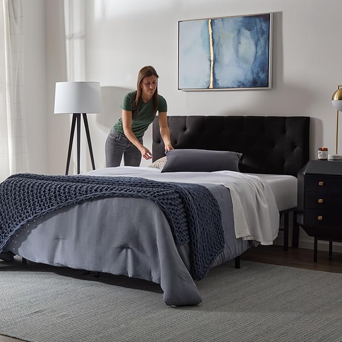 Lucid Mid-Rise Upholstered Headboard - Diamond Tufted - Padded Polyester - Adjustable Height from 34” to 46” - Easy Assembly - Bed Frame or Wall Mount - Sturdy - Black - Queen Size
