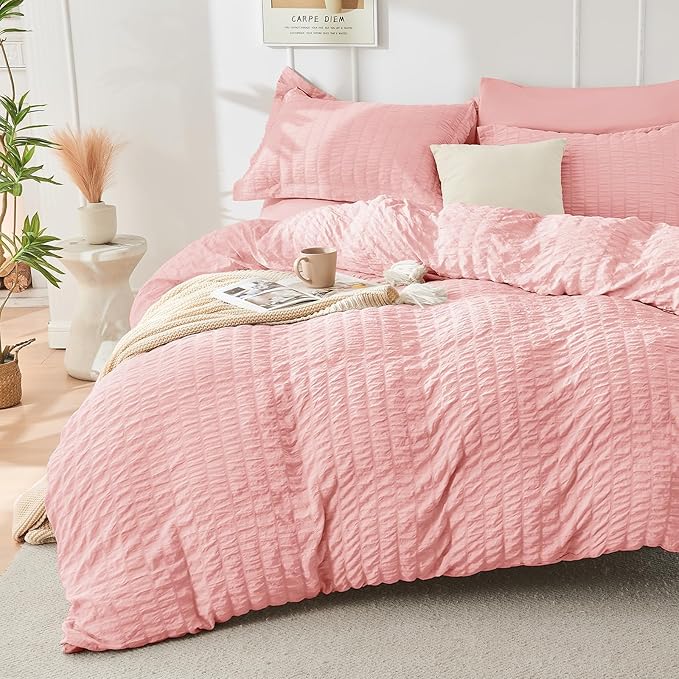 HYMOKEGE Rose Pink King Size Comforter Set Seersucker 7 Pieces, All Season Luxury Bed in a Bag for Bedroom, Bedding Set with Comforter, Sheets, Pillowcases & Shams