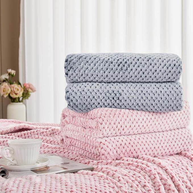 Exclusivo Mezcla Fleece Bed Blanket Queen Size, Super Soft and Warm Blankets for Couch, Sofa and Bed Waffle Textured, Cozy, Fuzzy and Lightweight (Mixed Pink, 90x90 Inches)