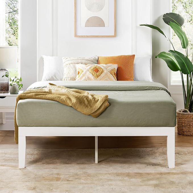 Mellow Naturalista Classic 16 Inch Solid Wood Platform Bed with Wooden Slats, White, King