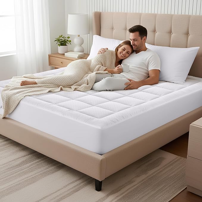 OLANLY California King Quilted Fitted Mattress Pad – Soft Pillow Top Mattress Topper, Down Alternative Fill, Cooling Breathable Mattress Cover, Machine Washable Deep Pocket Mattress Protector, White