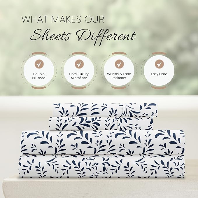 Linen Market Double-Brushed Patterned Microfiber California King Sheet Set 4 Piece – OEKO-TEX Certified Ultra Soft & Wrinkle-Free - 16" Deep Pocket Sheets Easy Care Cal-King Size - Burst of Vines Navy