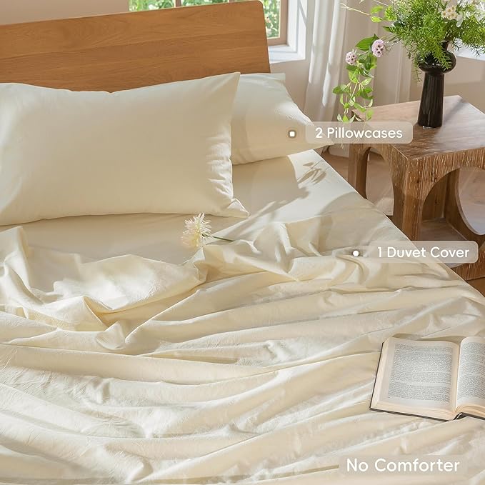 MooMee Bedding Duvet Cover Set 100% Washed Cotton Linen Like Textured Breathable Durable Soft Comfy (Solid Cream White, Alaska King 132"x120")