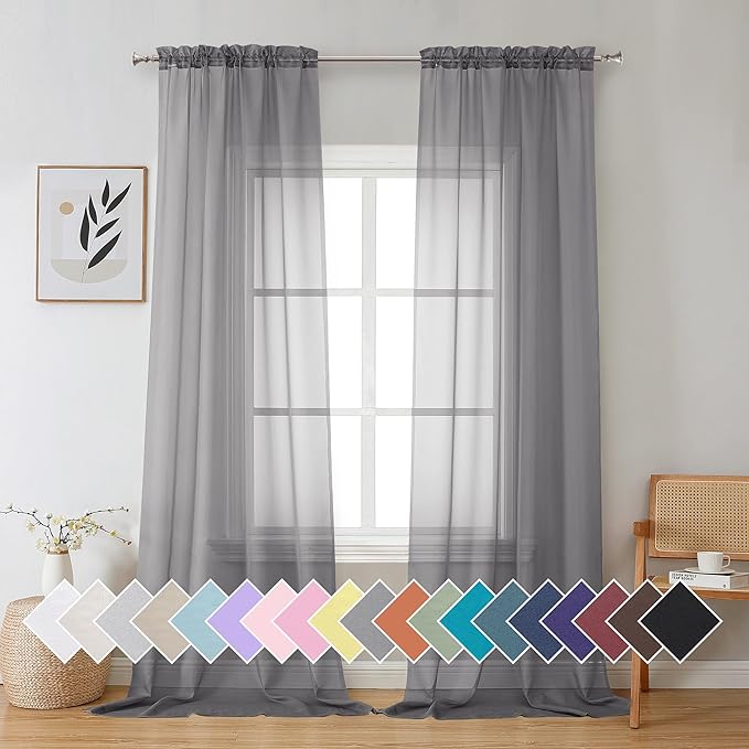 Aiyufeng Sheer Voile Window Treatment Rod Pocket Curtain Panels for Kitchen Bedroom Living Room Drapes Sunlight Filtering Privacy Semi Home Decor Assorted (Grey, 40 W x 96 L)