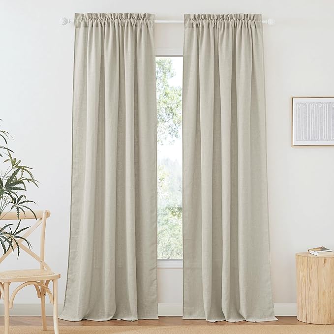 RYB HOME Linen Flax Curtains 84 Inches Long - Breathable Flax Linen Woven Semi Sheer Curtains Privacy Drapes UV Rays Protected for Room Divider, Wedding Party Backdrop, W 52" x L 84", Angora, 2 PC