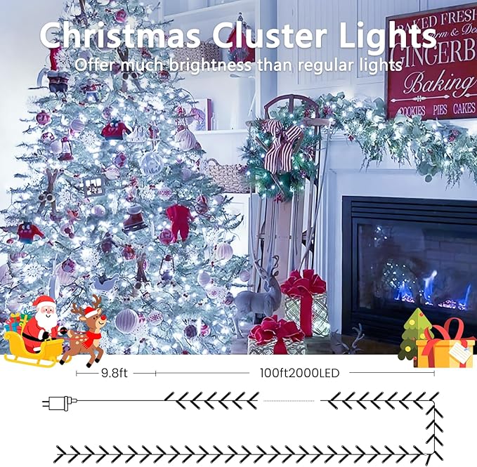 100FT 2000 LED Cluster Christmas Lights, Christmas Tree Lights Outdoor Indoor with 8 Modes & Timer & Remote, Firecrackers String Lights Waterproof for Garland Party Xmas Decorations, Cool White