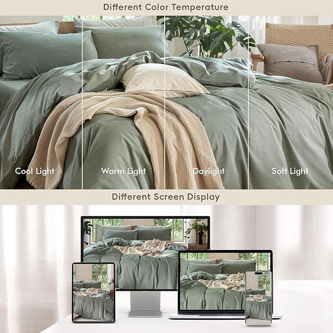 MooMee Bedding Duvet Cover Set 100% Washed Cotton Linen Like Textured Breathable Durable Soft Comfy (Heathered Green, Palatial King/Oversized King 120"x98")