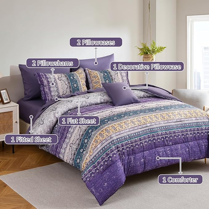 Cottolester Boho Full Comforter Set 8 Pieces,Violet Bohemian Striped Bed in a Bag, Paisley Soft Microfiber Bedding Comforter Set