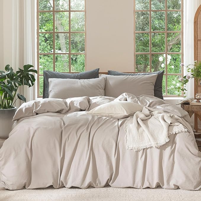 MooMee Bedding Duvet Cover Set 100% Washed Cotton Linen Like Textured Breathable Durable Soft Comfy (Solid Light Tan, Super Queen 90"x98")