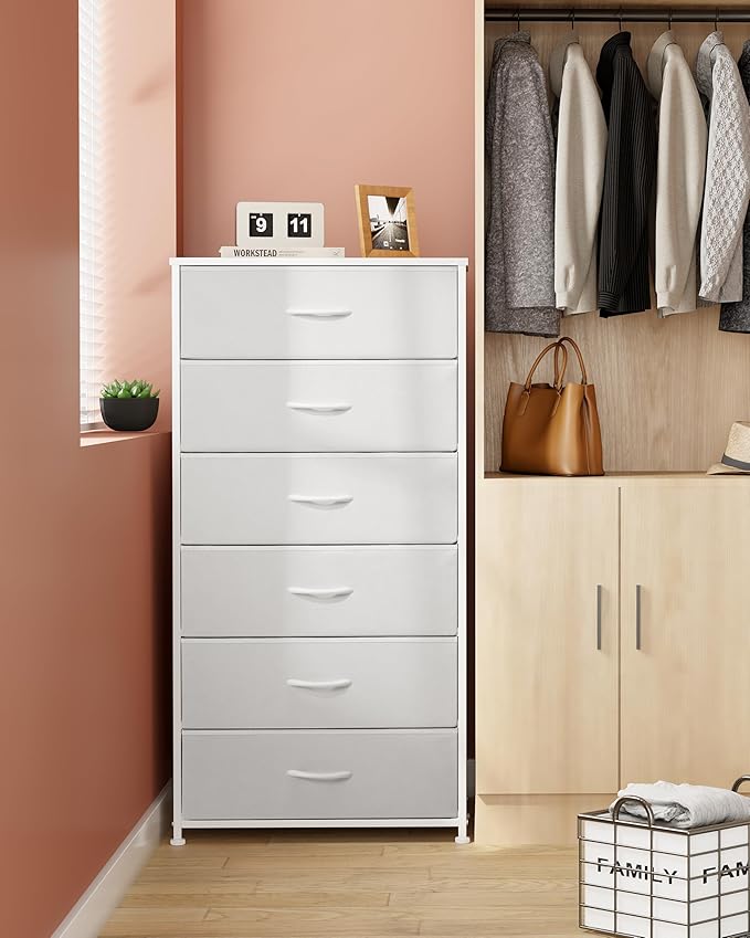 Crestlive Products Dresser for Bedroom with 6 Drawers, Tall Chest of Drawers, White Dressers Bedroom Furniture, Storage Organizer Unit with Bins for Closet, Hallway, Living Room, Entryway