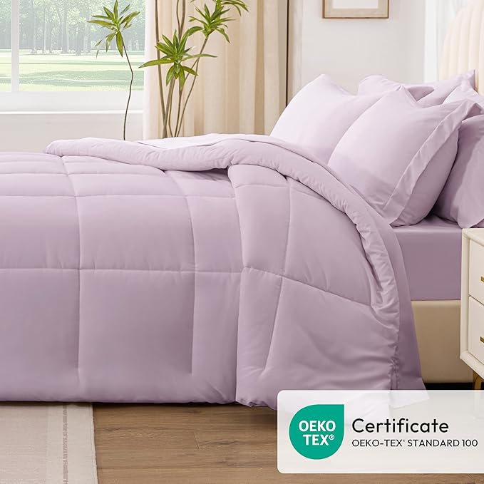 Love's cabin Twin Comforter Set Light Purple, 5 Pieces Twin Bed in a Bag, All Season Bedding Sets with 1 Comforter, 1 Flat Sheet, 1 Fitted Sheet, 1 Pillowcase and 1 Pillow Sham