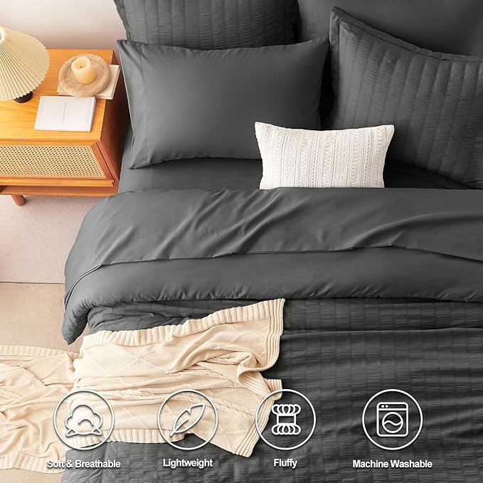 CozyLux King Size Comforter Set Dark Grey Seersucker 7 Pieces Bed in a Bag King Comforter Set with Sheets, Luxury Bedding Set with Down Alternative Comforter, Sheets, Pillowcases & Shams All Seasons